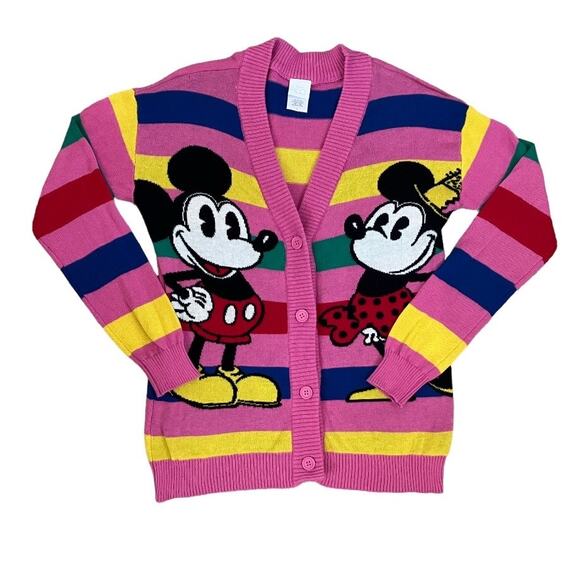 Disney 100 Years Mickey Minnie Pink Girls' Retro Striped Cardigan Large - Picture 2 of 4